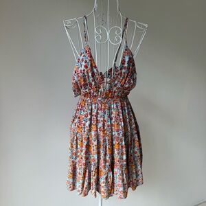 Angie Boho Floral Sundress Blue Orange Tie Front Tiered Mini Dress Large